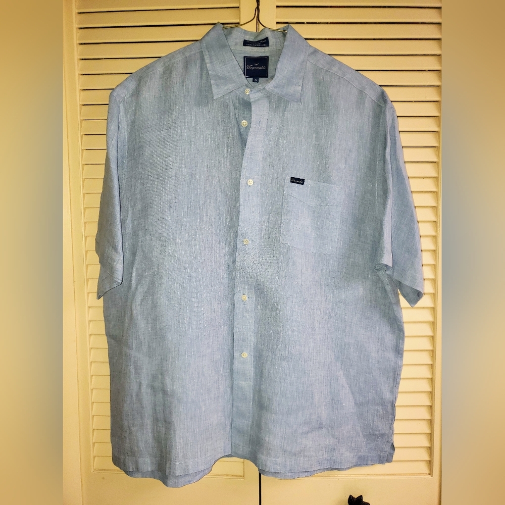 Faconnable Men's Linen Light Blue Short Sleeve Shirt Size XL